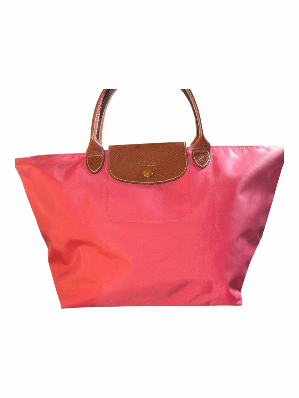 Longchamp Le Pliage Medium Top Handle Bag Fuchsia Pink / Brown Trim